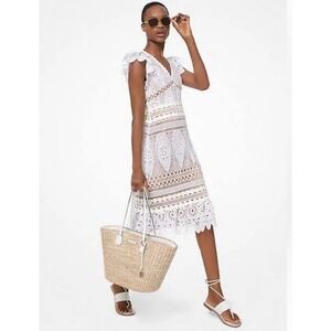 Michael Kors Medallion Lace Midi Dress White Tan Crochet Eyelet white Tan Sz S